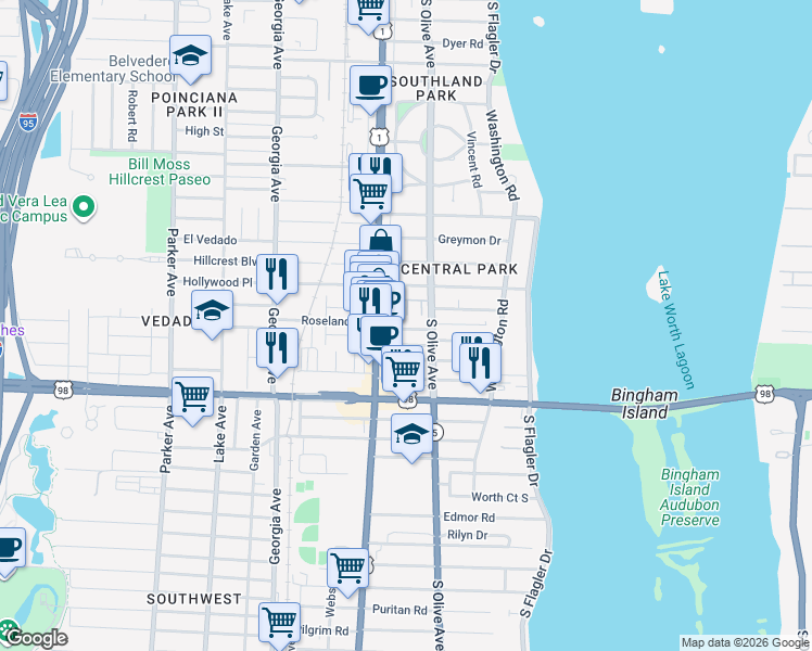 map of restaurants, bars, coffee shops, grocery stores, and more near 3655 Vintage Way in West Palm Beach