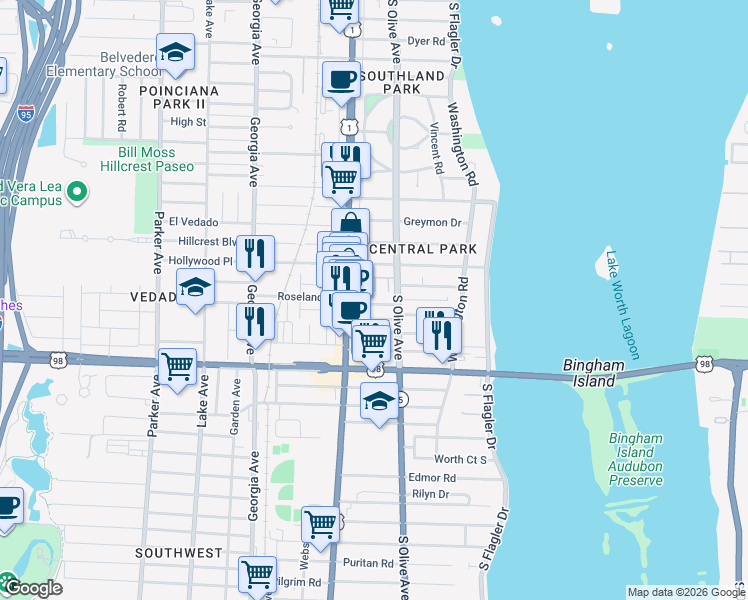 map of restaurants, bars, coffee shops, grocery stores, and more near 3655 Vintage Way in West Palm Beach