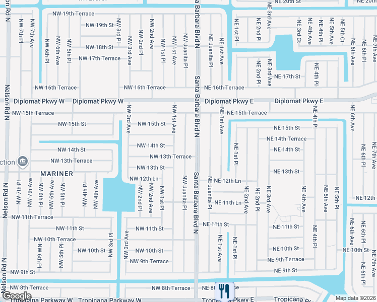 map of restaurants, bars, coffee shops, grocery stores, and more near 1405 Northwest Juanita Place in Cape Coral