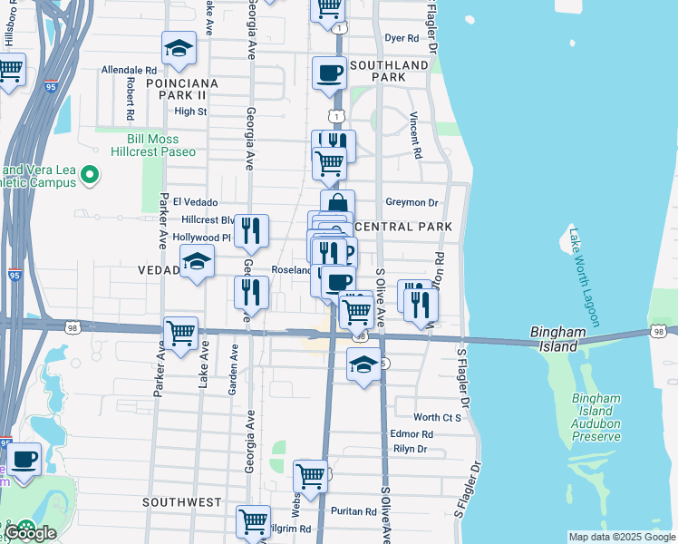 map of restaurants, bars, coffee shops, grocery stores, and more near 3619 South Dixie Highway in West Palm Beach