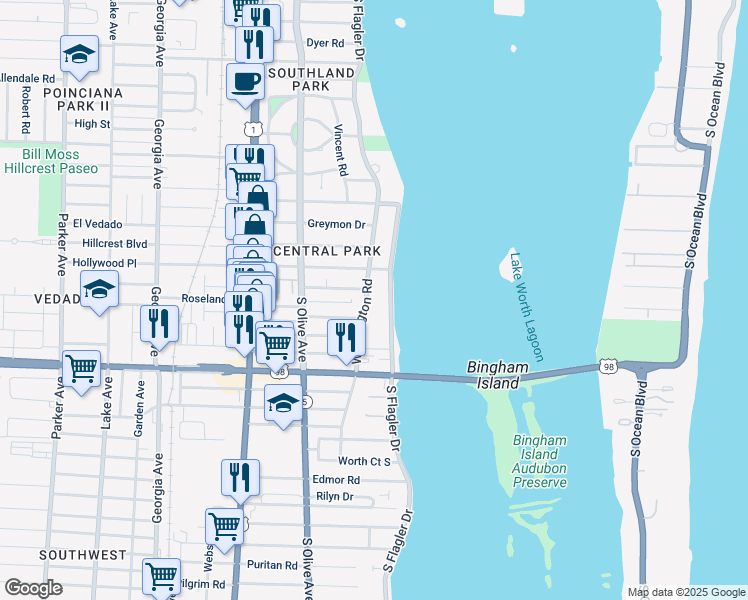 map of restaurants, bars, coffee shops, grocery stores, and more near in West Palm Beach