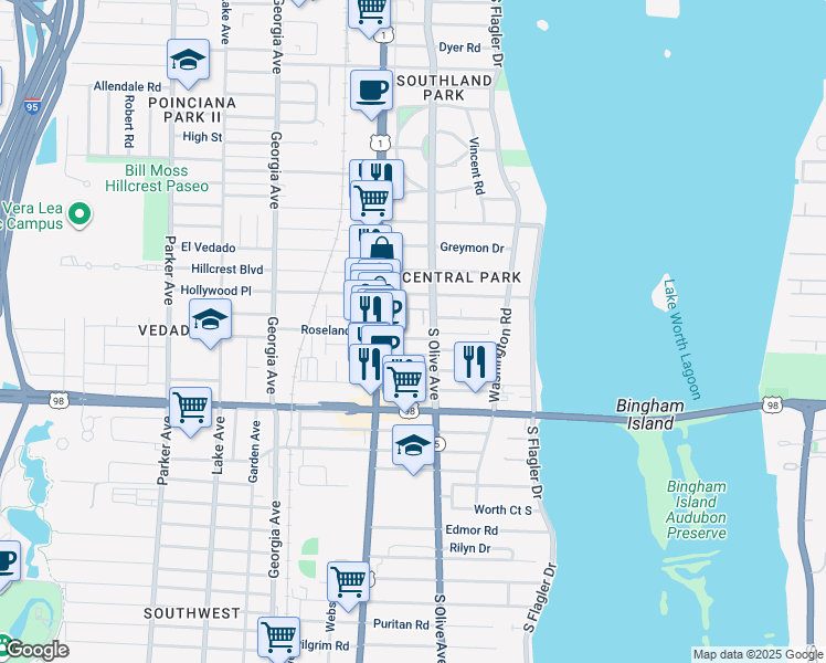 map of restaurants, bars, coffee shops, grocery stores, and more near 3655 Vintage Way in West Palm Beach