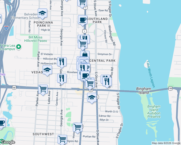 map of restaurants, bars, coffee shops, grocery stores, and more near 3655 Vintage Way in West Palm Beach