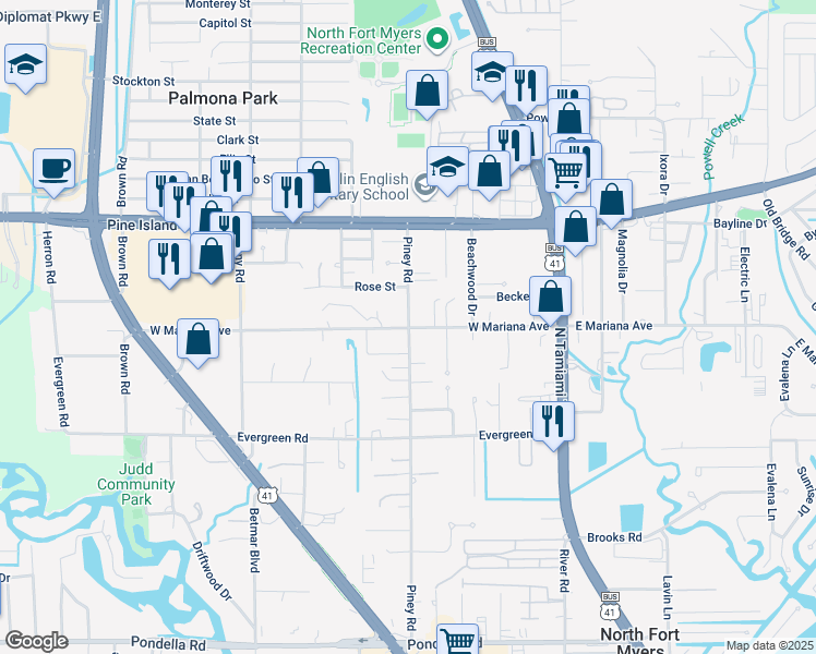 map of restaurants, bars, coffee shops, grocery stores, and more near 1559 Piney Road in North Fort Myers