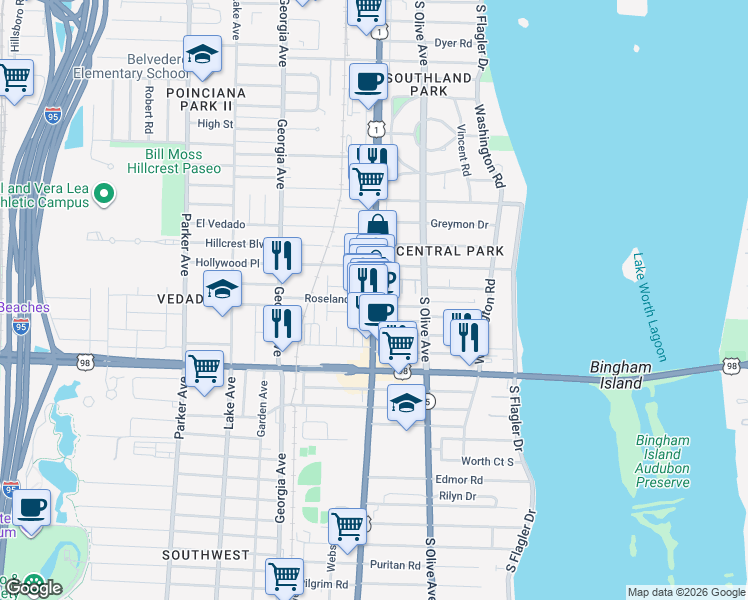 map of restaurants, bars, coffee shops, grocery stores, and more near South Dixie Highway in West Palm Beach