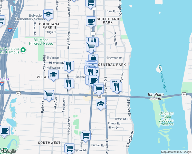 map of restaurants, bars, coffee shops, grocery stores, and more near 3655 Vintage Way in West Palm Beach