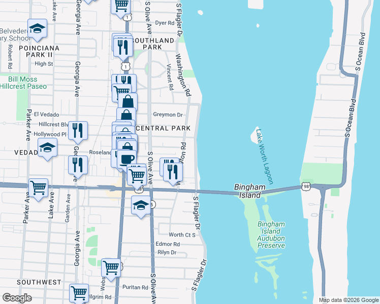 map of restaurants, bars, coffee shops, grocery stores, and more near 3701 South Flagler Drive in West Palm Beach