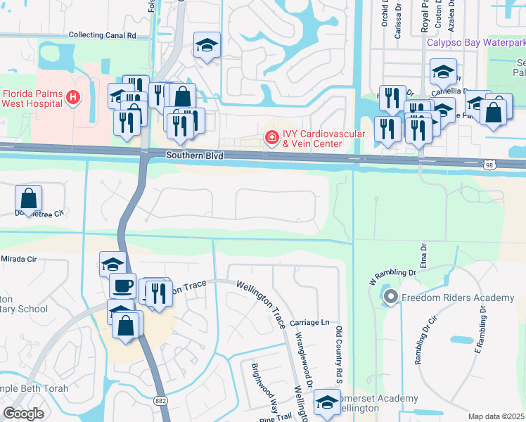 map of restaurants, bars, coffee shops, grocery stores, and more near 12288 Areaca Drive in Wellington