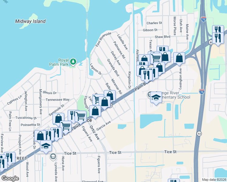 map of restaurants, bars, coffee shops, grocery stores, and more near 335 Balboa Avenue in Fort Myers