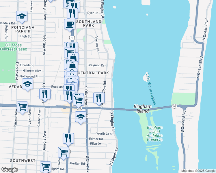 map of restaurants, bars, coffee shops, grocery stores, and more near in West Palm Beach