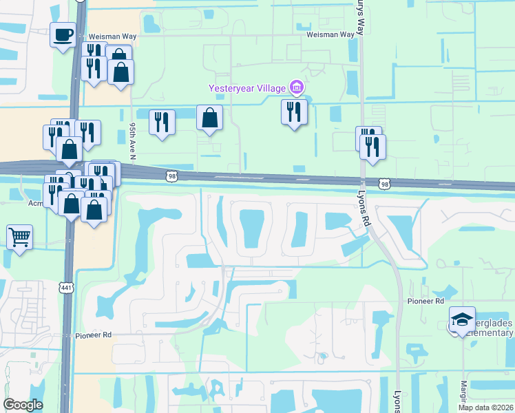 map of restaurants, bars, coffee shops, grocery stores, and more near 307 Mulberry Grove Road in Royal Palm Beach