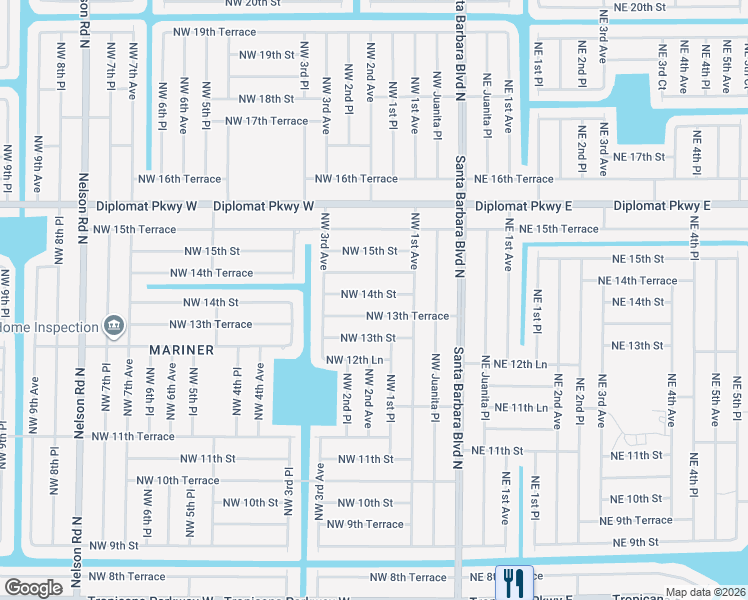 map of restaurants, bars, coffee shops, grocery stores, and more near 128 Northwest 14th Street in Cape Coral