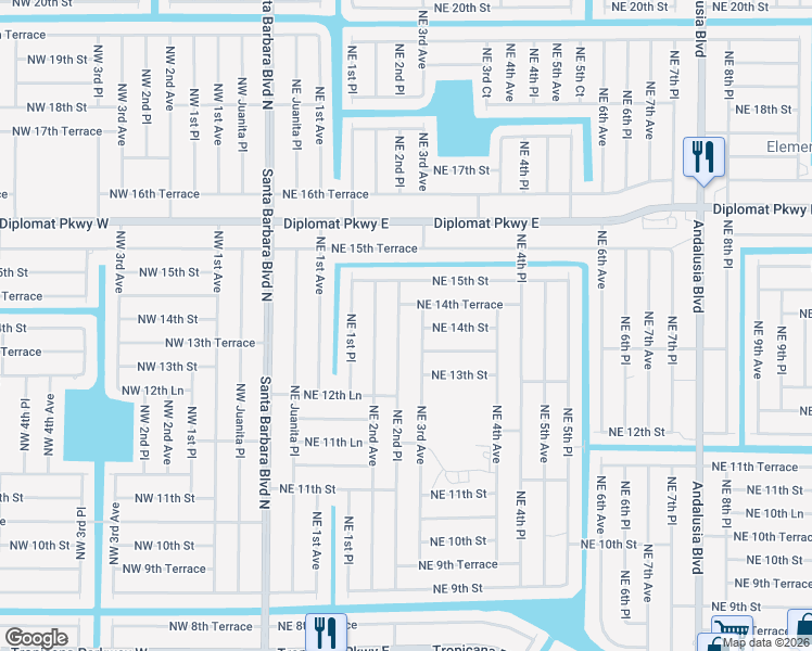 map of restaurants, bars, coffee shops, grocery stores, and more near 1412 Northeast 2nd Place in Cape Coral
