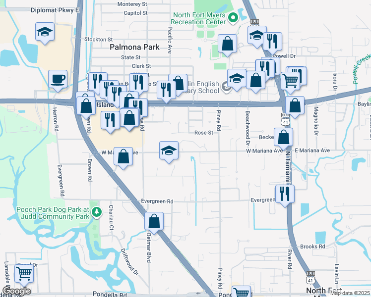 map of restaurants, bars, coffee shops, grocery stores, and more near 241 Rose Street in North Fort Myers