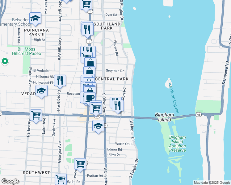 map of restaurants, bars, coffee shops, grocery stores, and more near 205 Wenonah Place in West Palm Beach