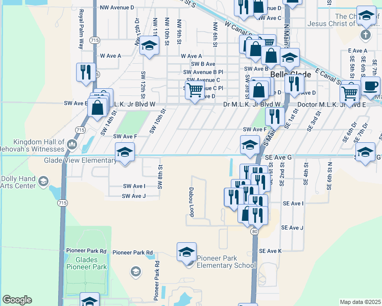map of restaurants, bars, coffee shops, grocery stores, and more near 664 Southwest 6th Street in Belle Glade