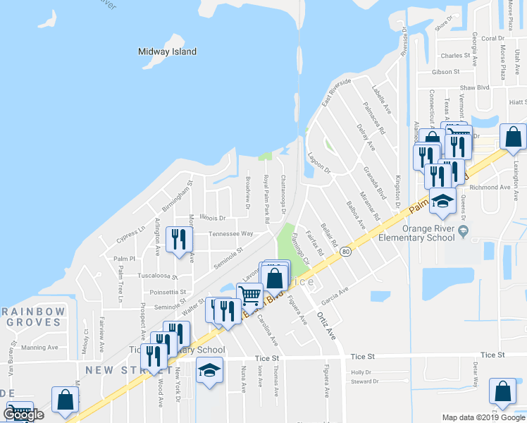 map of restaurants, bars, coffee shops, grocery stores, and more near 334 Royal Palm Park Road in Fort Myers