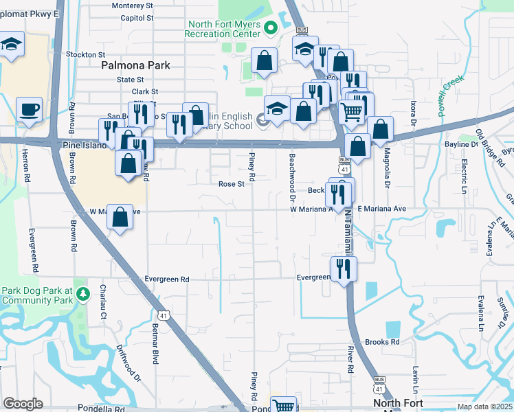 map of restaurants, bars, coffee shops, grocery stores, and more near 1559 Piney Road in North Fort Myers