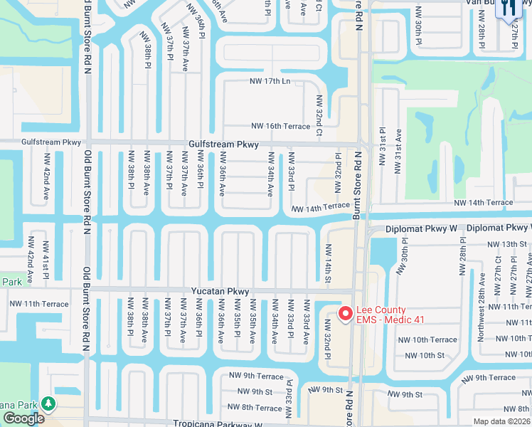 map of restaurants, bars, coffee shops, grocery stores, and more near 3409 Northwest 14th Terrace in Cape Coral