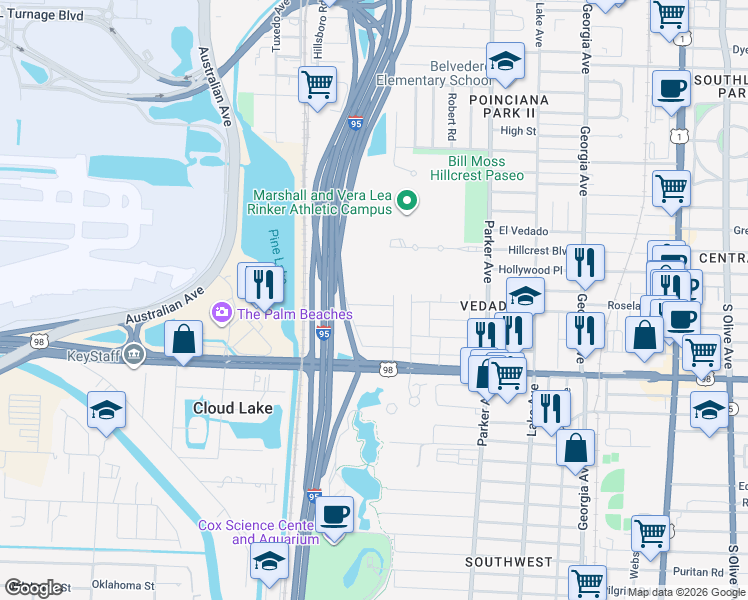 map of restaurants, bars, coffee shops, grocery stores, and more near 900-1199 Locust Street in West Palm Beach