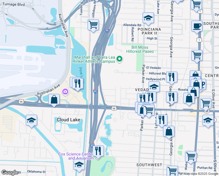 map of restaurants, bars, coffee shops, grocery stores, and more near 900-1199 Locust Street in West Palm Beach