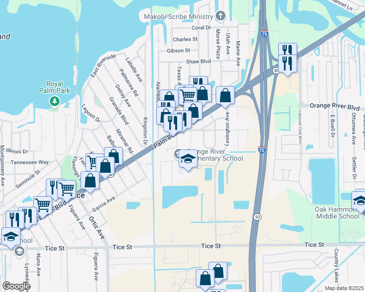 map of restaurants, bars, coffee shops, grocery stores, and more near 4491 Underwood Drive in Fort Myers