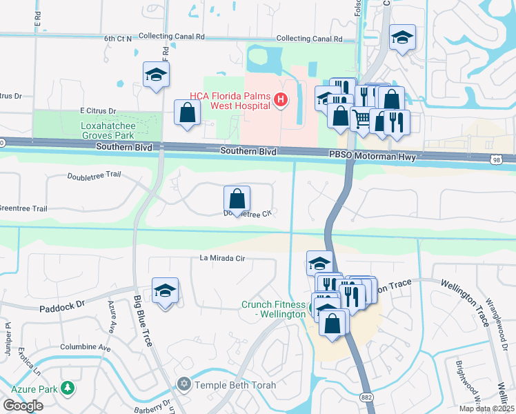 map of restaurants, bars, coffee shops, grocery stores, and more near 13172 Doubletree Circle in Wellington