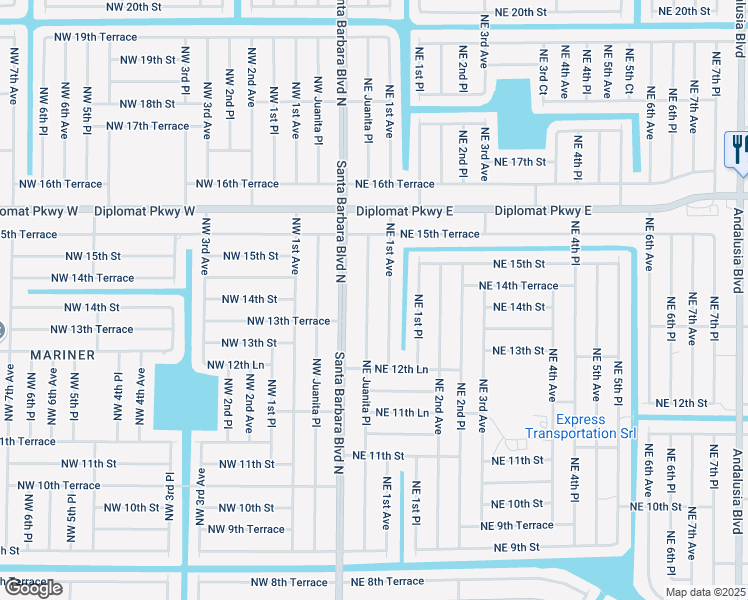 map of restaurants, bars, coffee shops, grocery stores, and more near 1410 Northeast Juanita Place in Cape Coral