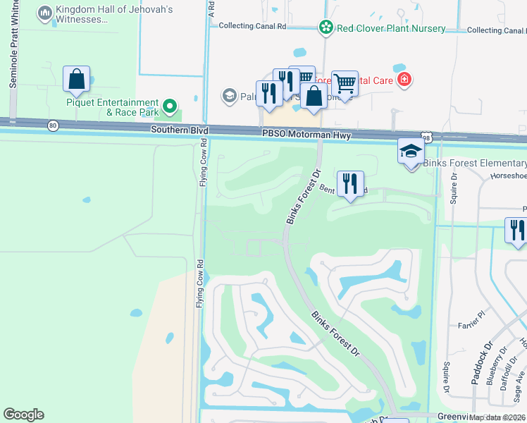 map of restaurants, bars, coffee shops, grocery stores, and more near 250 Button Bush Lane in Wellington