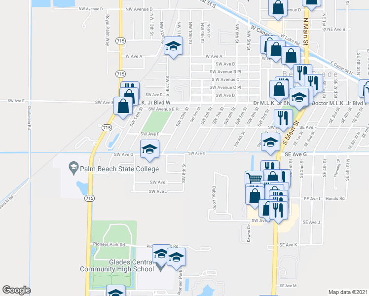 map of restaurants, bars, coffee shops, grocery stores, and more near 692 Southwest 8th Street in Belle Glade
