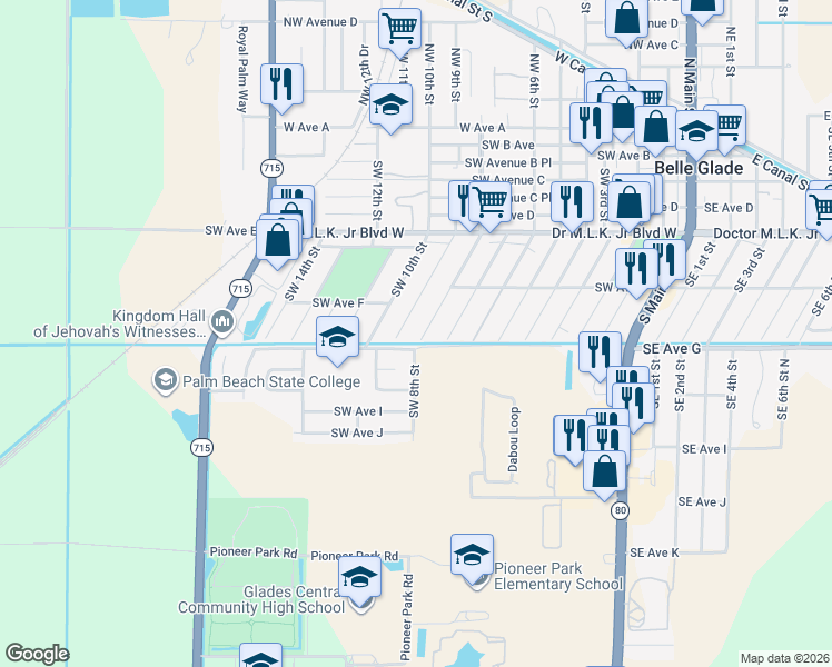 map of restaurants, bars, coffee shops, grocery stores, and more near 692 Southwest 8th Street in Belle Glade