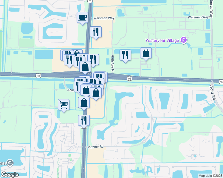 map of restaurants, bars, coffee shops, grocery stores, and more near 334 Westwood Circle North in West Palm Beach