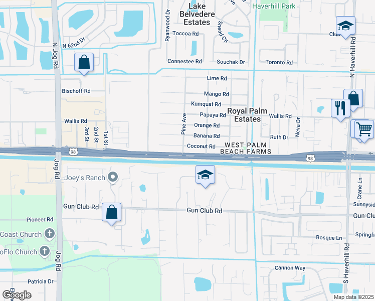 map of restaurants, bars, coffee shops, grocery stores, and more near 70 Pine Avenue in West Palm Beach