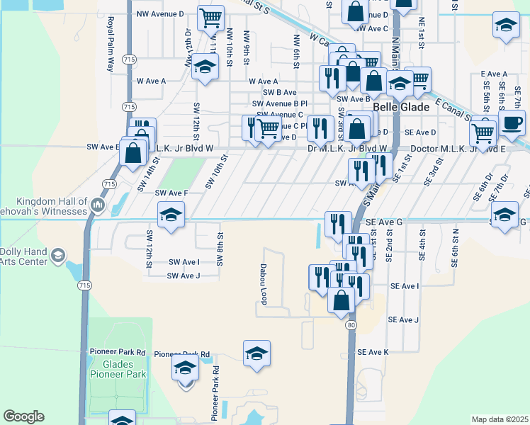 map of restaurants, bars, coffee shops, grocery stores, and more near 664 Southwest 6th Street in Belle Glade