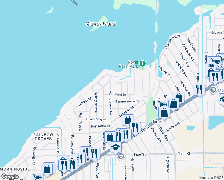 map of restaurants, bars, coffee shops, grocery stores, and more near 326 Montgomery Avenue in Fort Myers
