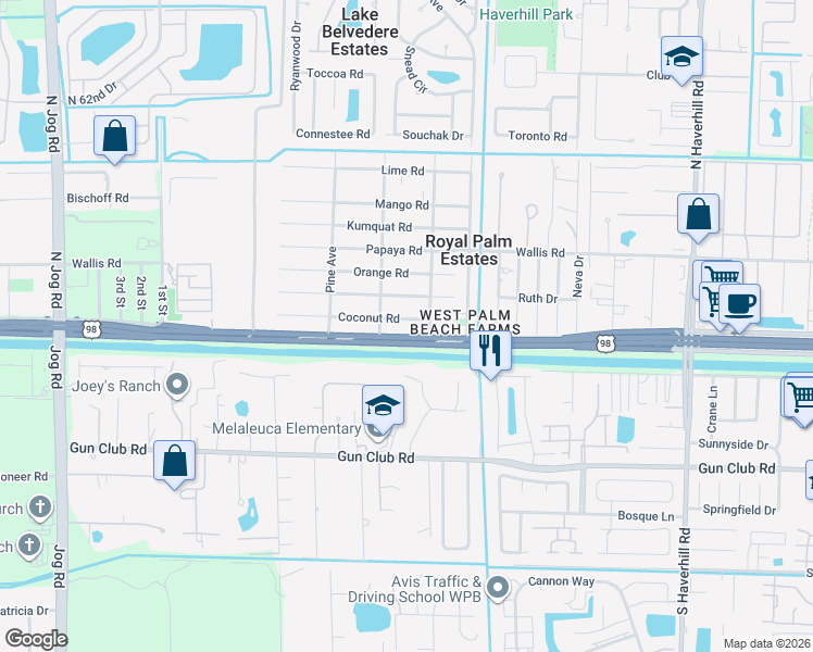 map of restaurants, bars, coffee shops, grocery stores, and more near 5682 Coconut Road in West Palm Beach