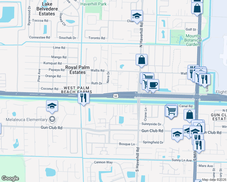 map of restaurants, bars, coffee shops, grocery stores, and more near 83 Tropical Avenue in West Palm Beach
