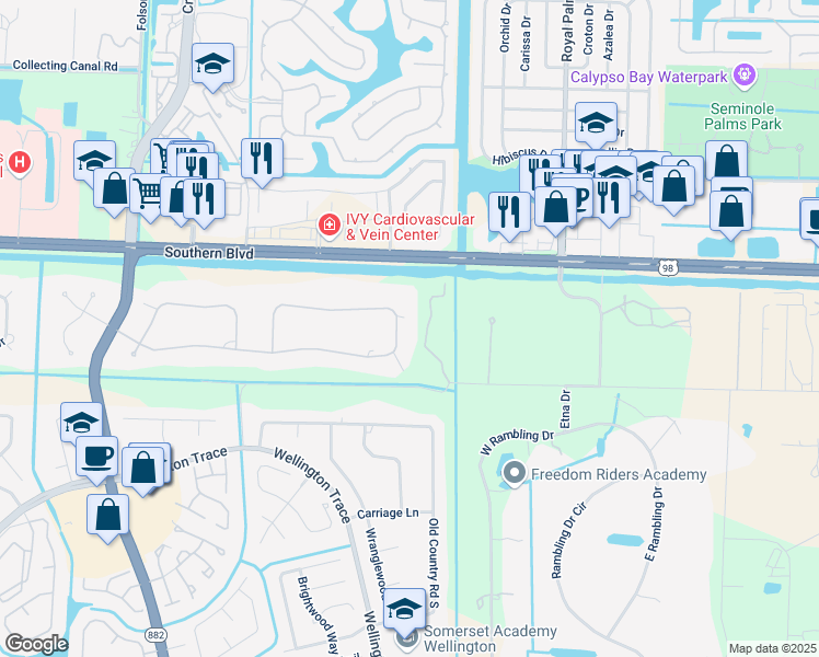 map of restaurants, bars, coffee shops, grocery stores, and more near 12093 Areaca Drive in Wellington