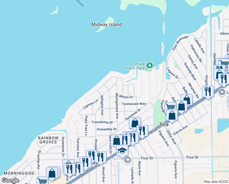 map of restaurants, bars, coffee shops, grocery stores, and more near 326 Montgomery Avenue in Fort Myers