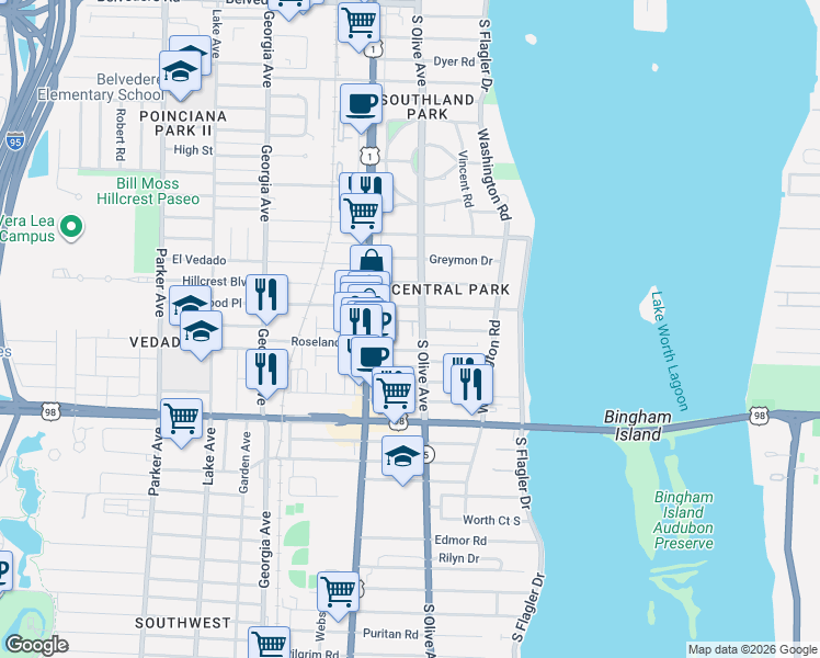 map of restaurants, bars, coffee shops, grocery stores, and more near 3655 Vintage Way in West Palm Beach