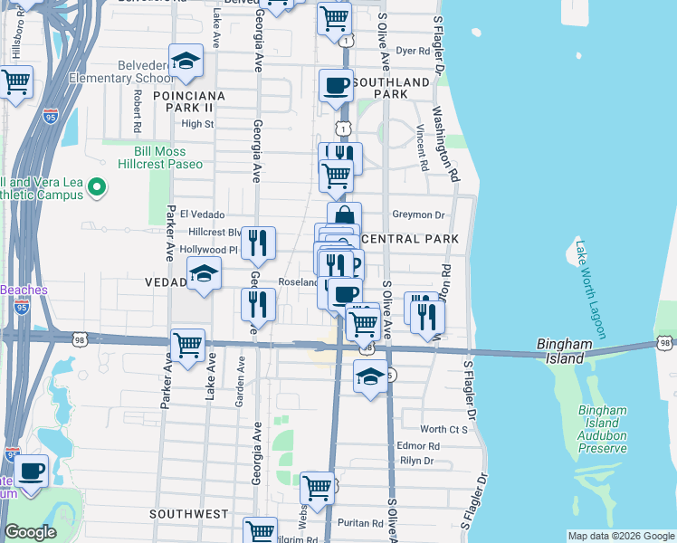 map of restaurants, bars, coffee shops, grocery stores, and more near 3619 South Dixie Highway in West Palm Beach