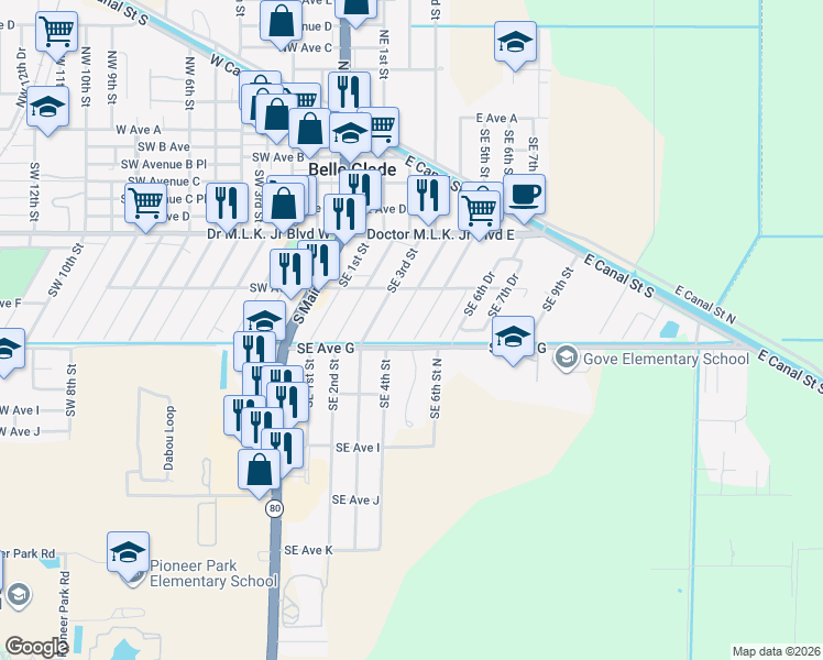 map of restaurants, bars, coffee shops, grocery stores, and more near 661 Southeast 4th Street in Belle Glade
