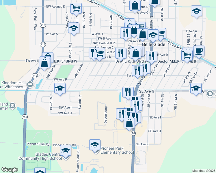 map of restaurants, bars, coffee shops, grocery stores, and more near 696 Southwest 4th Street in Belle Glade
