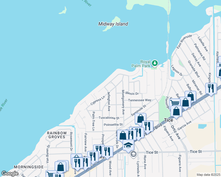 map of restaurants, bars, coffee shops, grocery stores, and more near 4413 Birmingham Street in Fort Myers