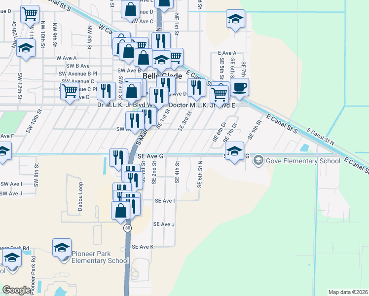 map of restaurants, bars, coffee shops, grocery stores, and more near 661 Southeast 4th Street in Belle Glade