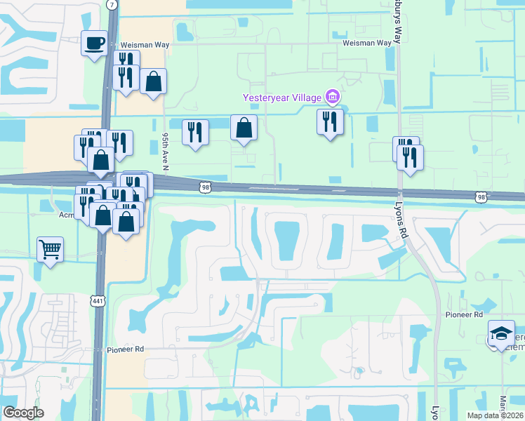map of restaurants, bars, coffee shops, grocery stores, and more near 355 Mulberry Grove Road in Royal Palm Beach