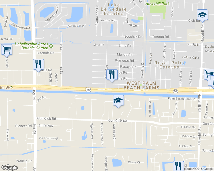 map of restaurants, bars, coffee shops, grocery stores, and more near 70 Pine Avenue in West Palm Beach