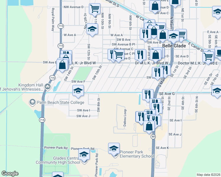 map of restaurants, bars, coffee shops, grocery stores, and more near 673 Southwest 7th Street in Belle Glade