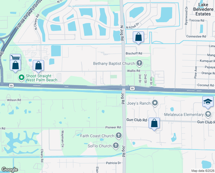 map of restaurants, bars, coffee shops, grocery stores, and more near Southern Boulevard in West Palm Beach