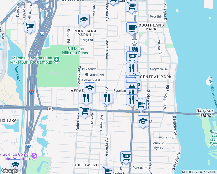 map of restaurants, bars, coffee shops, grocery stores, and more near 603 Roseland Drive in West Palm Beach